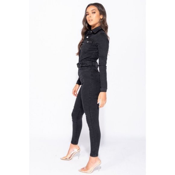 Black Denim Jeans Long Sleeve Belted Bodycon Jumpsuit Playsuit - Picture 3 of 10